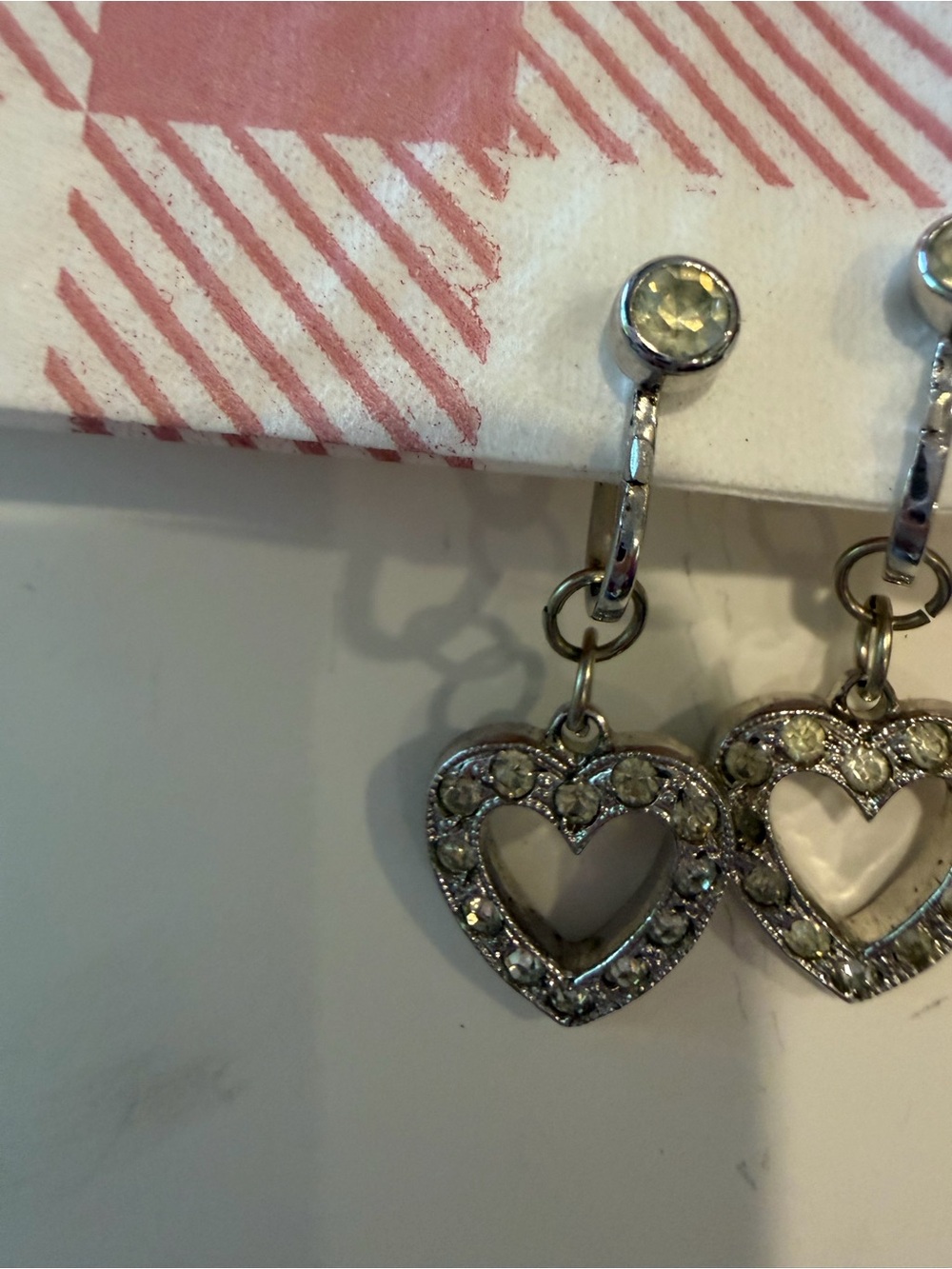 Vintage Sterling Silver Clear Stone Heart Dangle Screw Back Earrings #475